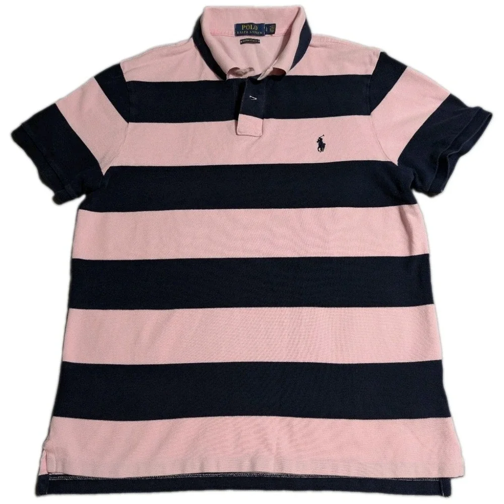 Polo Ralph Lauren Custom Slim Fit Polo Shirt Mens Large Rugby Stripe Pink Navy